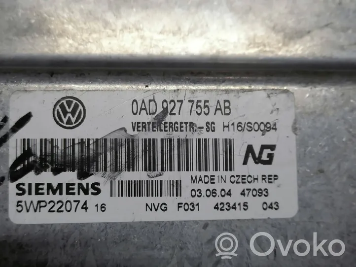 Volkswagen Touareg I Pavarų dėžės reduktorius (razdatkės) valdymo blokas 0AD927755AB