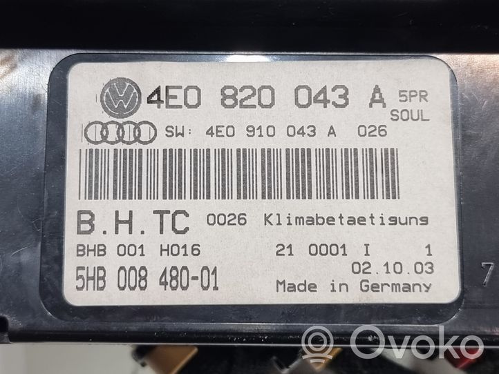 Audi A8 S8 D3 4E Unité de contrôle climatique 4E0820043A