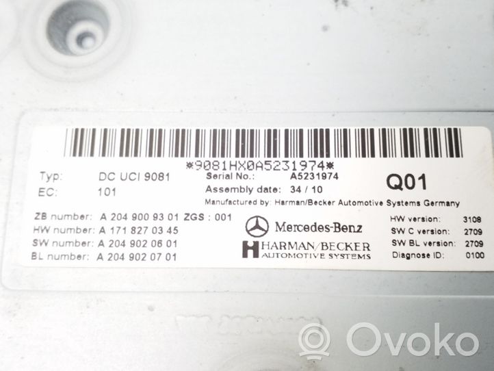 Mercedes-Benz E C207 W207 Console centrale, commande de multimédia l'unité principale A2049009301