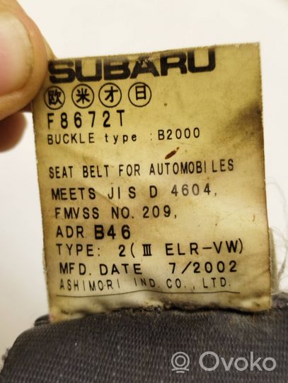 Subaru Forester SF Pas bezpieczeństwa fotela tylnego F8672T