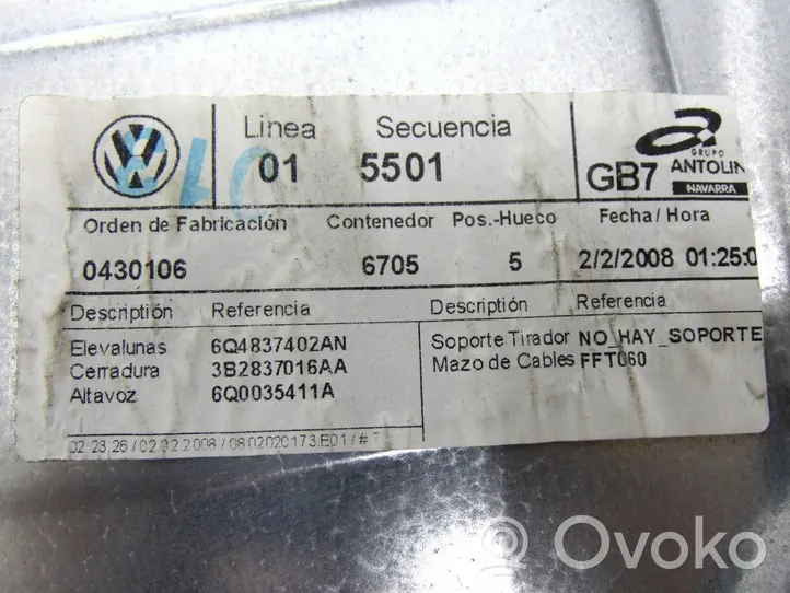 Volkswagen Polo IV 9N3 Meccanismo di sollevamento del finestrino anteriore senza motorino 6Q4837756