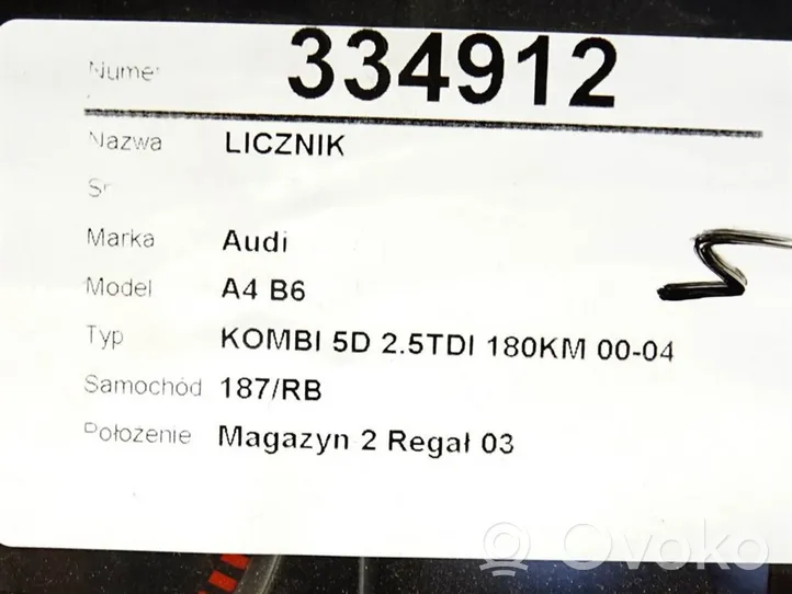 Audi A4 S4 B6 8E 8H Nopeusmittari (mittaristo) 0263626035