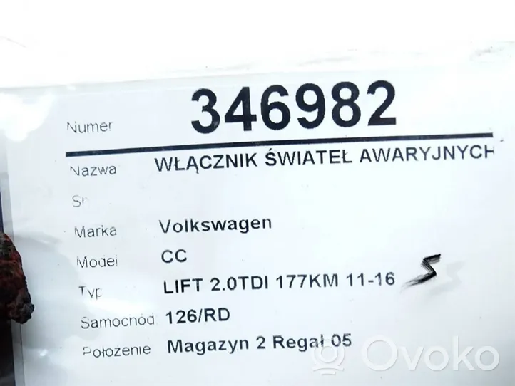 Volkswagen PASSAT CC Включатель аварийных фонарей 3AA953509