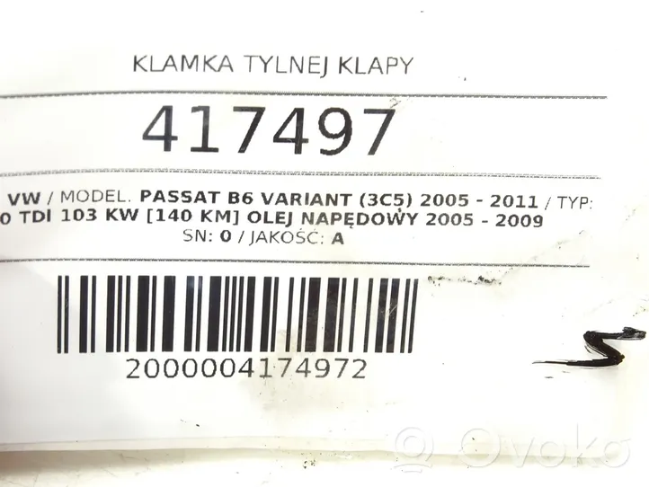 Volkswagen PASSAT B6 Uchwyt / Rączka zewnętrzna otwierania klapy tylnej / bagażnika 1T0827574J