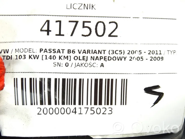 Volkswagen PASSAT B6 Spidometrs (instrumentu panelī) A2C53145550
