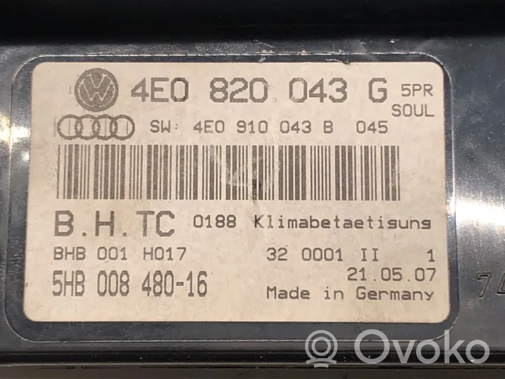 Audi A8 S8 D3 4E Interrupteur ventilateur 4E0820043G