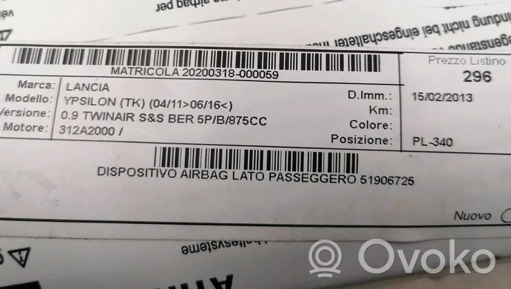 Lancia Ypsilon Matkustajan turvatyyny 51906725