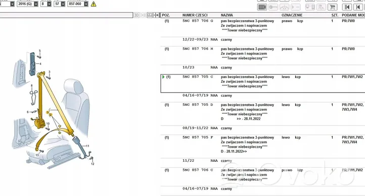 Volkswagen Tiguan Etuistuimen turvavyö 5NC857705C