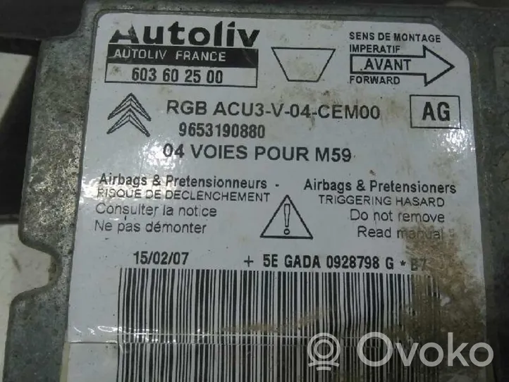 Peugeot Partner Turvatyynyn ohjainlaite/moduuli 9653190880