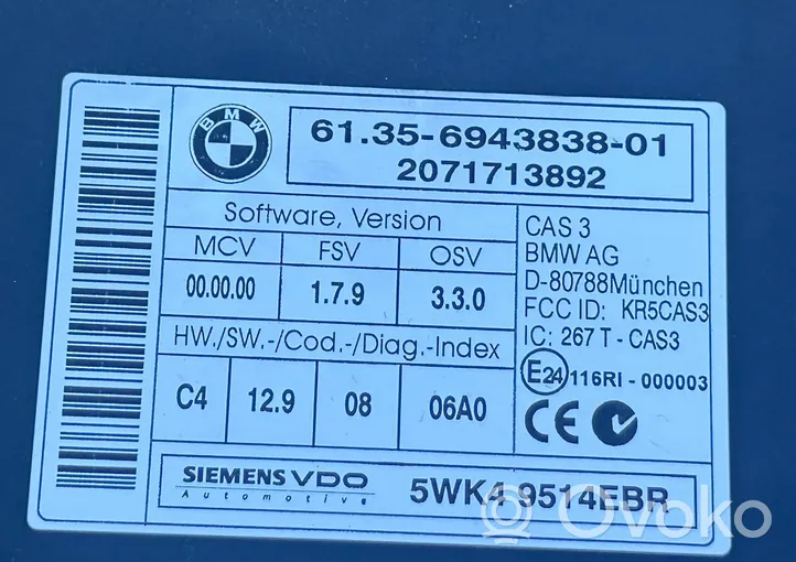 BMW X5 E70 Unité de contrôle module CAS 6943838