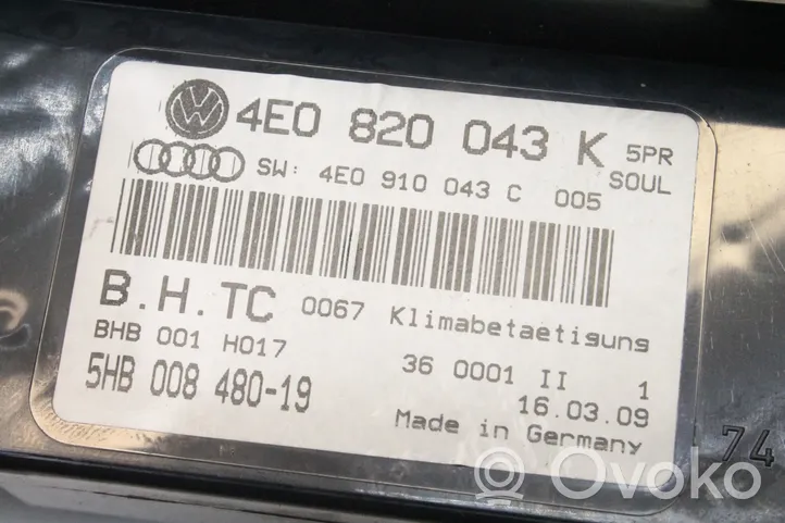 Audi A8 S8 D3 4E Interrupteur ventilateur 4E0820043K