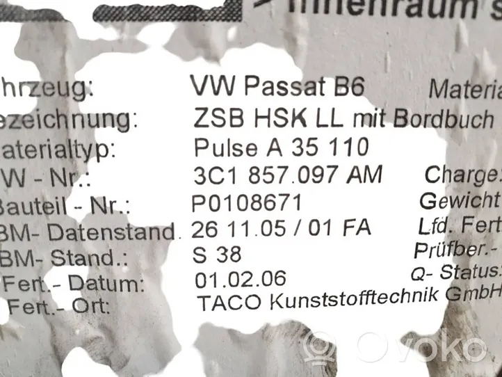 Volkswagen PASSAT B6 Mantu nodalījuma komplekts 3C1857097AM