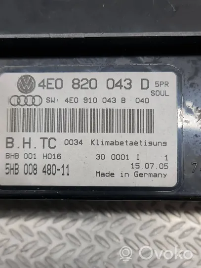 Audi A8 S8 D3 4E Ilmastoinnin ohjainlaite 4E0820043D