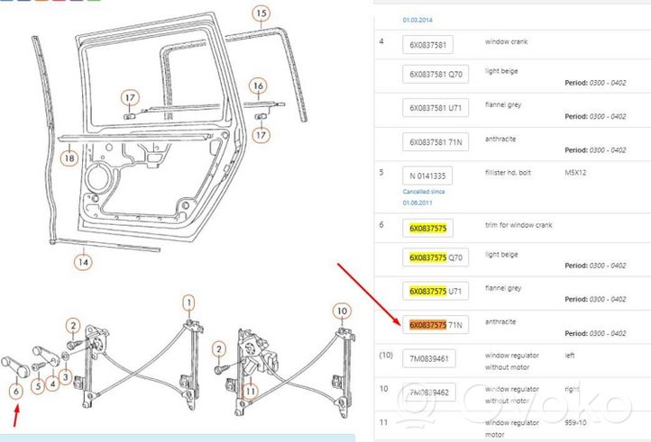 Volkswagen Sharan Manovella finestrino della portiera posteriore 6X0837575