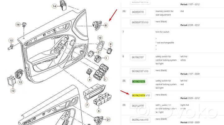 Audi A4 S4 B8 8K Interruttore a pulsante della chiusura centralizzata 8k1962107a