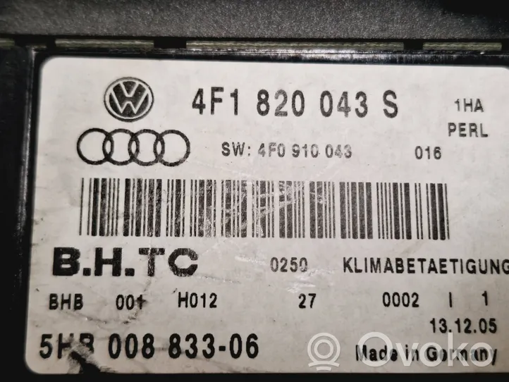 Audi A6 S6 C6 4F Gaisa kondicioniera / klimata kontroles / salona apsildes vadības bloks (salonā) 4F1820043S