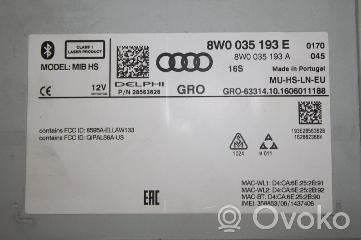 Audi A4 S4 B9 Radio/CD/DVD/GPS-pääyksikkö 8W0035193E