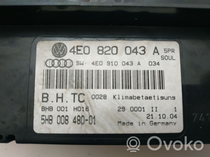 Audi A8 S8 D3 4E Interruttore ventola abitacolo 4E0820043A