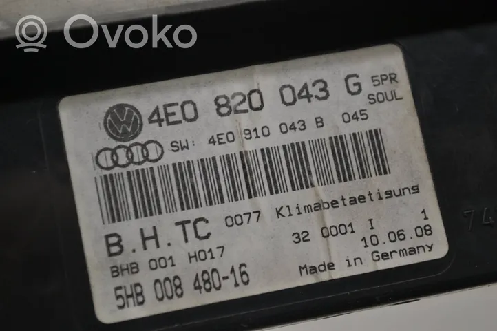 Audi A8 S8 D3 4E Ilmastoinnin ohjainlaite 4E0820043G