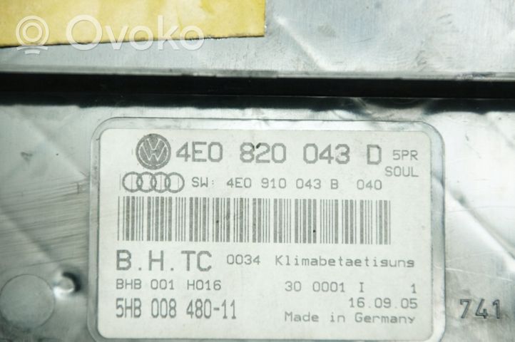 Audi A8 S8 D3 4E Ilmastointi-/lämmityslaitteen säätimen kehys 4E0820043D