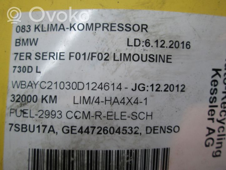 BMW 7 F01 F02 F03 F04 Ilmastointilaitteen kompressorin pumppu (A/C) GE4472604532