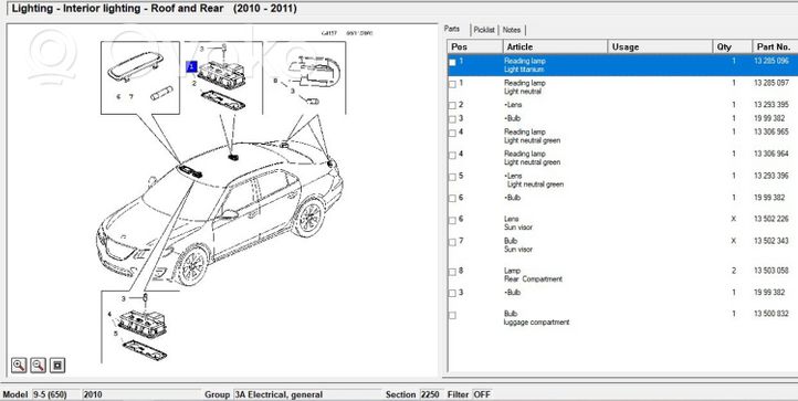 Saab 9-5 Światło fotela przedniego 13285096