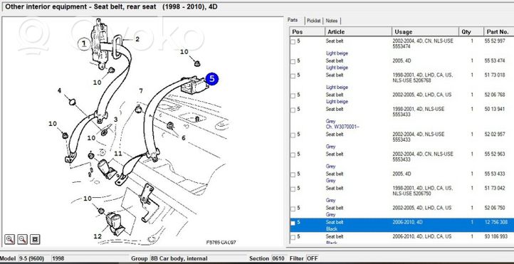 Saab 9-5 Ceinture de sécurité arrière centrale (siège) 12756308