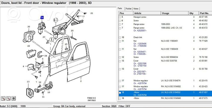 Saab 9-3 Ver1 Etuoven ikkunan nostomoottori 4807657