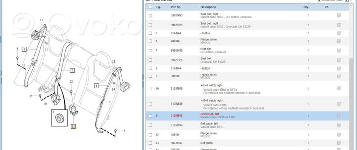 Volvo V60 Boucle de ceinture de sécurité arrière 31250658