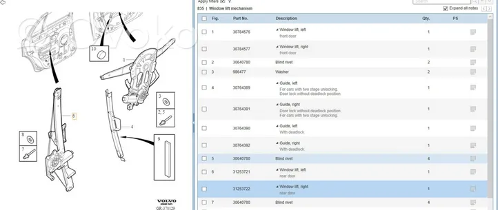 Volvo XC90 Alzacristalli della portiera posteriore con motorino 31253722