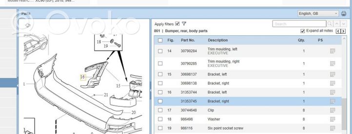 Volvo XC90 Kampinė galinio bamperio dalis 30698136