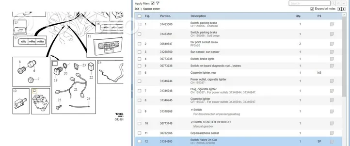 Volvo V60 Inne przełączniki i przyciski 31334503