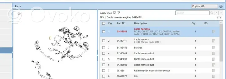 Volvo S60 Moottorin asennusjohtosarja 31412942