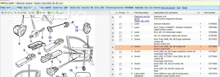 Saab 9-3 Ver2 Interruttore di controllo dell’alzacristalli elettrico 12772063