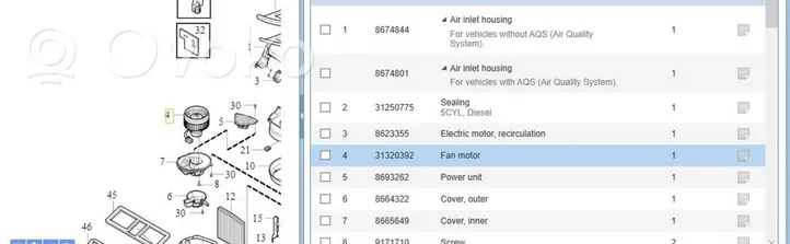Volvo XC90 Ventola riscaldamento/ventilatore abitacolo 31320392