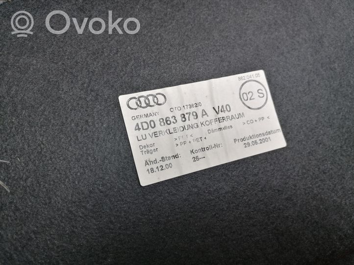 Audi A8 S8 D2 4D Tavaratilan/takakontin alempi sivuverhoilu 4D0863879A