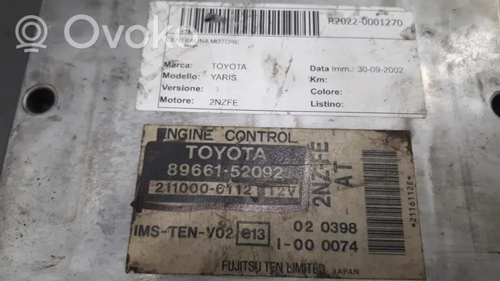 Toyota Yaris Unité de commande, module ECU de moteur 89661-52092