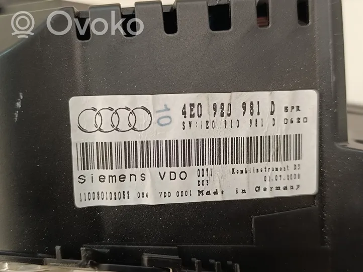 Audi A8 S8 D3 4E Compteur de vitesse tableau de bord 4E0920981D