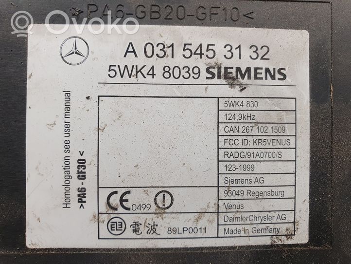 Mercedes-Benz S W220 Module de contrôle sans clé Go A0315453132