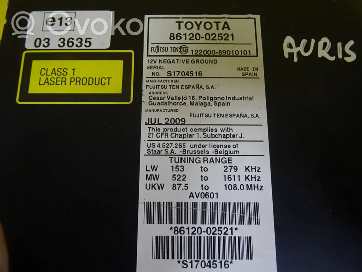 Toyota Auris 150 Panel / Radioodtwarzacz CD/DVD/GPS 86120-02521