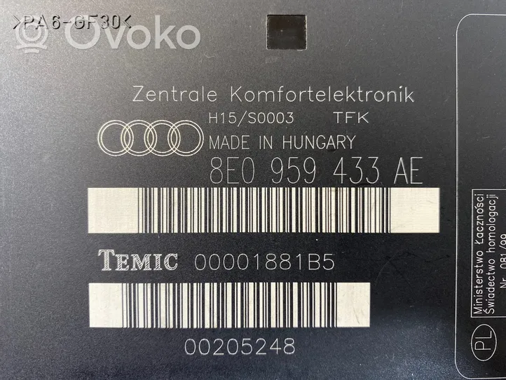 Audi A4 S4 B6 8E 8H Moduł / Sterownik komfortu 8E0959433AE