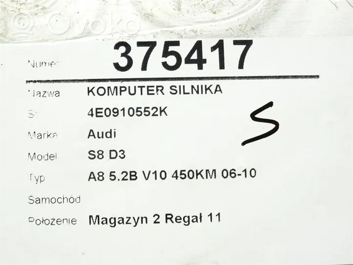 Audi A8 S8 D3 4E Galios (ECU) modulis 4E0910552K