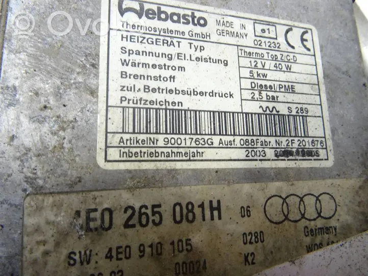 Audi A8 S8 D3 4E Pompe de circulation d'eau, chauffage auxiliaire Webasto 4E0265081H