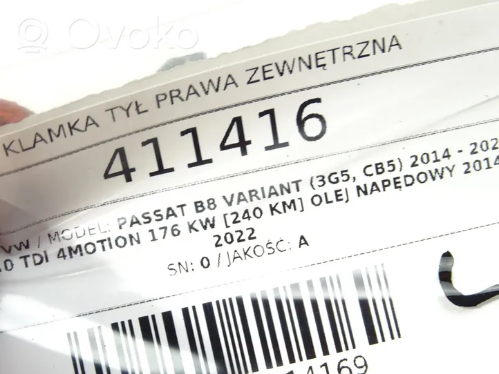 Volkswagen PASSAT B8 Klamka zewnętrzna drzwi tylnych 