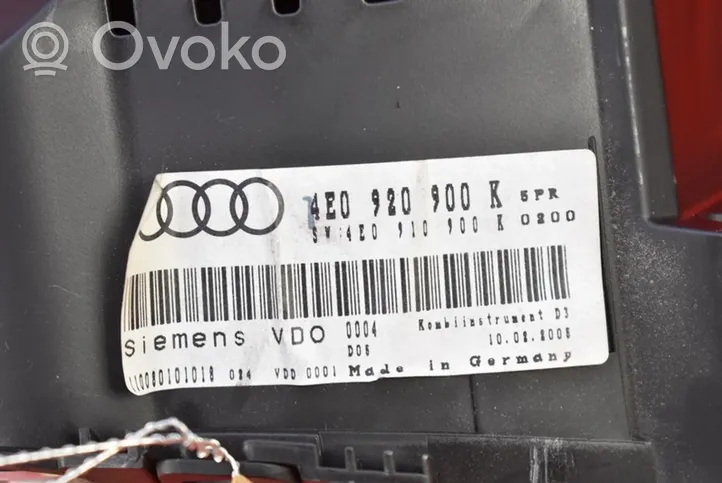 Audi A8 S8 D3 4E Compteur de vitesse tableau de bord 4E0920900K