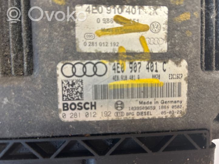 Audi A8 S8 D3 4E Moottorinohjausyksikön sarja ja lukkosarja 4E0907401C