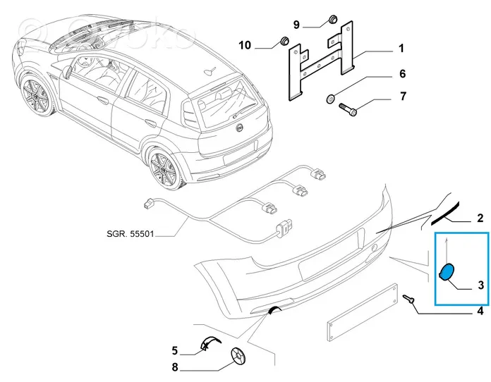 Fiat Grande Punto Takapuskurin hinaussilmukan suojakansi 735417226