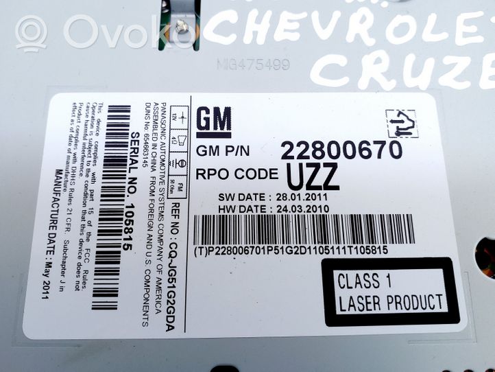 Chevrolet Cruze Unité principale radio / CD / DVD / GPS 22800670