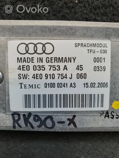 Audi A8 S8 D3 4E Äänikomentojen ohjainlaite 4E0035753A