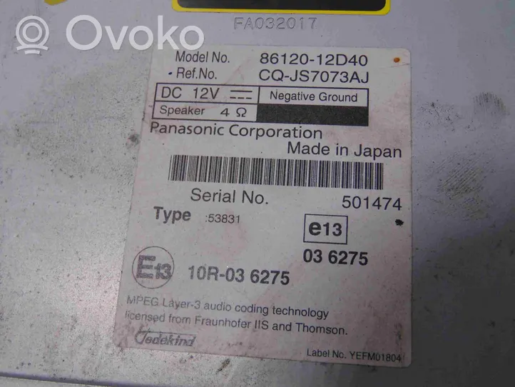Toyota Corolla E140 E150 Unité principale radio / CD / DVD / GPS 8612012D40